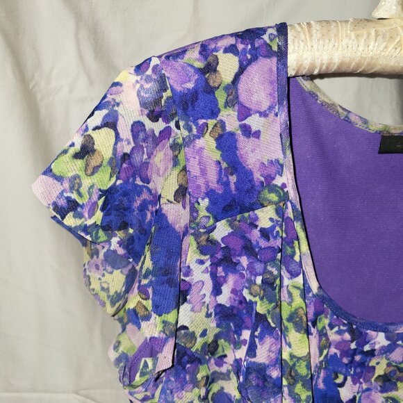 Apt 9 Floral Ruffle Blouse, capped sleeves, scoop neck, size L - Picture 3 of 9